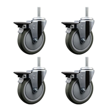 Service Caster 5 Inch Gray Polyurethane Wheel Swivel 34 Inch Threaded Stem Caster Set with Brake SCC SCC-TS20S514-PPUB-PLB-34212-4